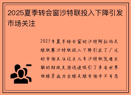 2025夏季转会窗沙特联投入下降引发市场关注 2025夏季转会窗沙特联投入下降引发市场关注